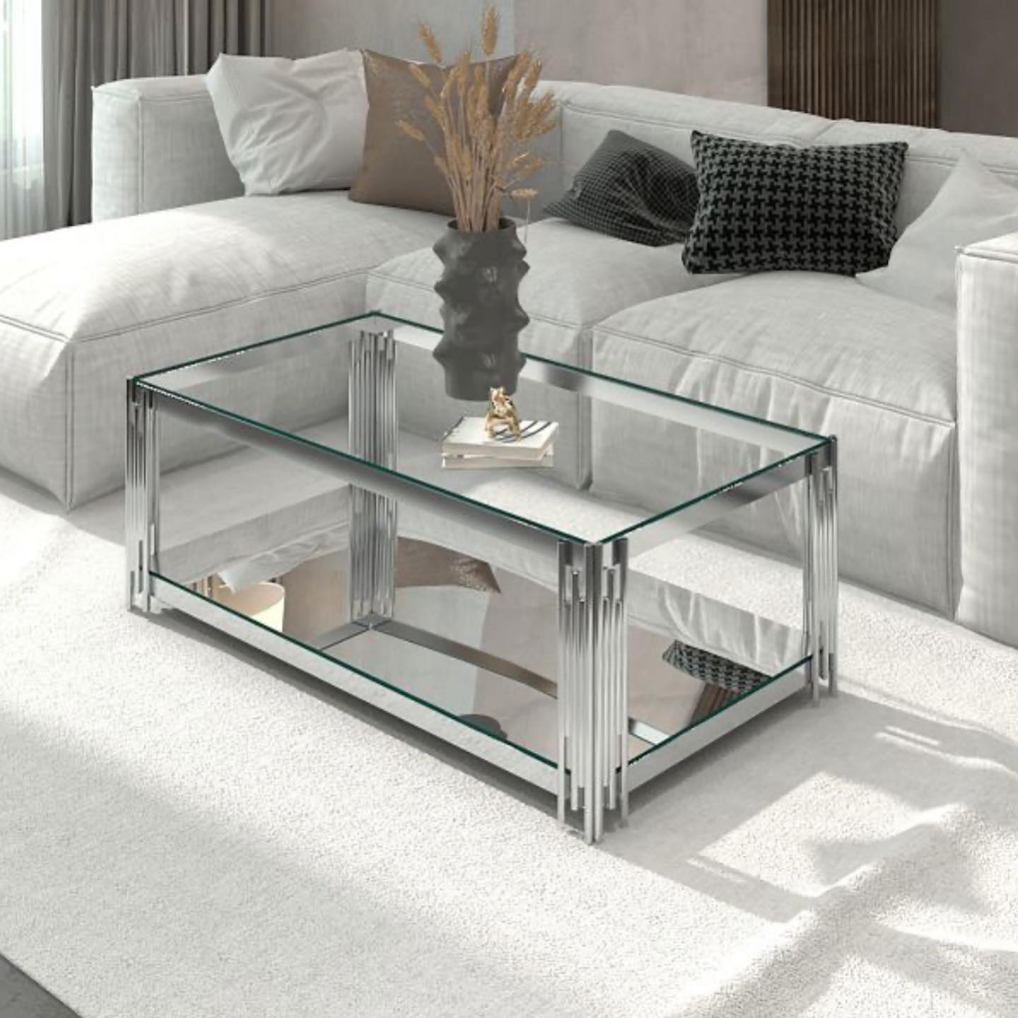 Table Basse FLUTE verre, marbre , métal argenté